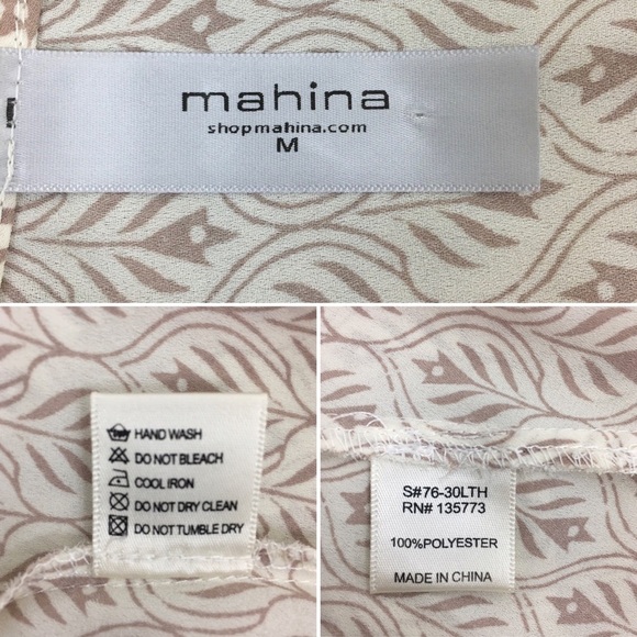 Mahina Ivory Leaf Print V-neck  Long Sleeve Top Size Medium - Picture 6 of 6